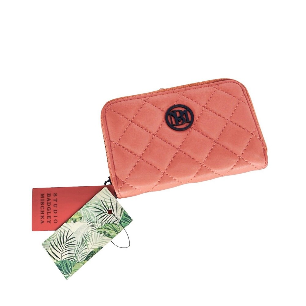 NEW Badgley Mischka Quilted Zip Around Coin Purse With Key Ring In Coral